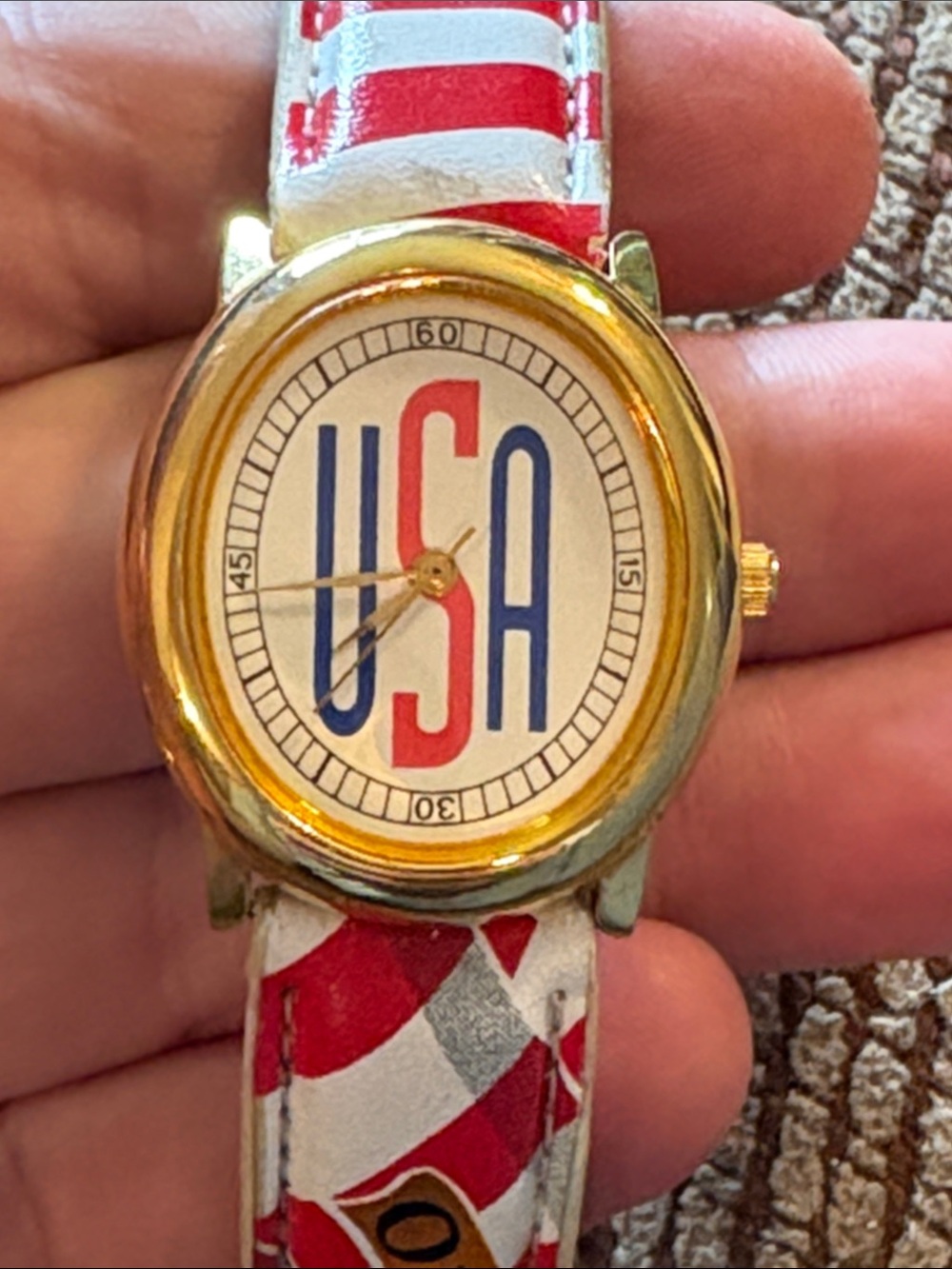 Vintage Patriotic USA Gold-Tone Watch with Red & Blue Accents